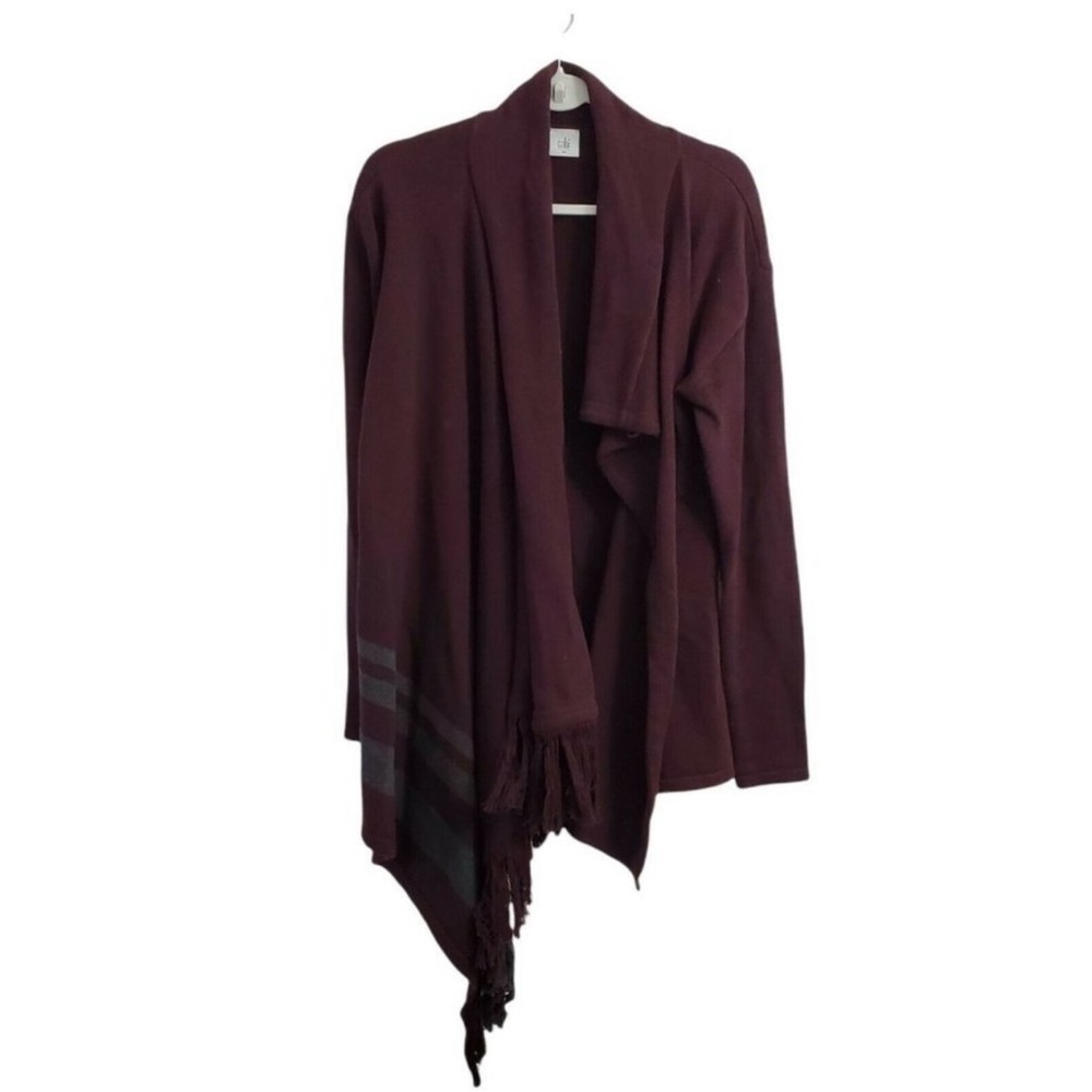 CAbi 3002 Cardigan Small Womens Burgundy Fringe Tunic Sweater Wrap Open Front